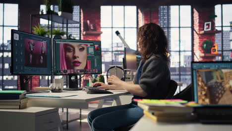 woman expert developer works with photo editing software