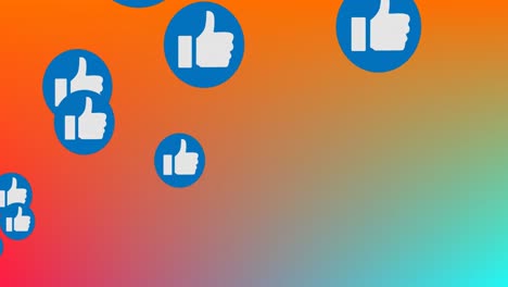 Animation-of-network-of-thumbs-up-icons-over-orange-to-blue-background