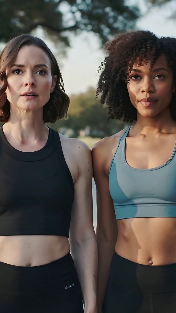 Vídeo vertical: Duas mulheres caminhando e começando o treino em uma rua arborizada, de tops esportivos e leggings