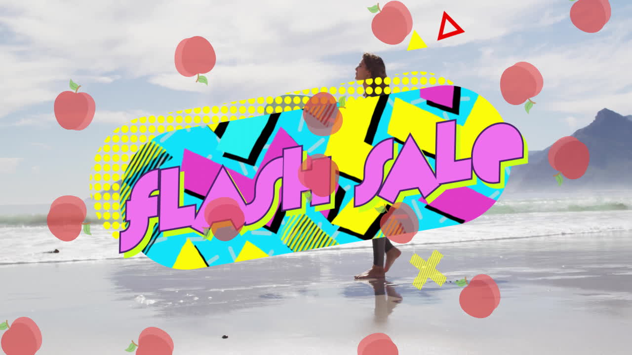 Flash sale text animation over person walking on beach with colorful graphics