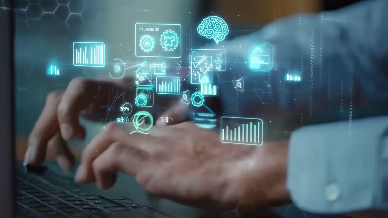 Over-the-shoulder angle of a laptop displaying futuristic data visuals, like a tech video