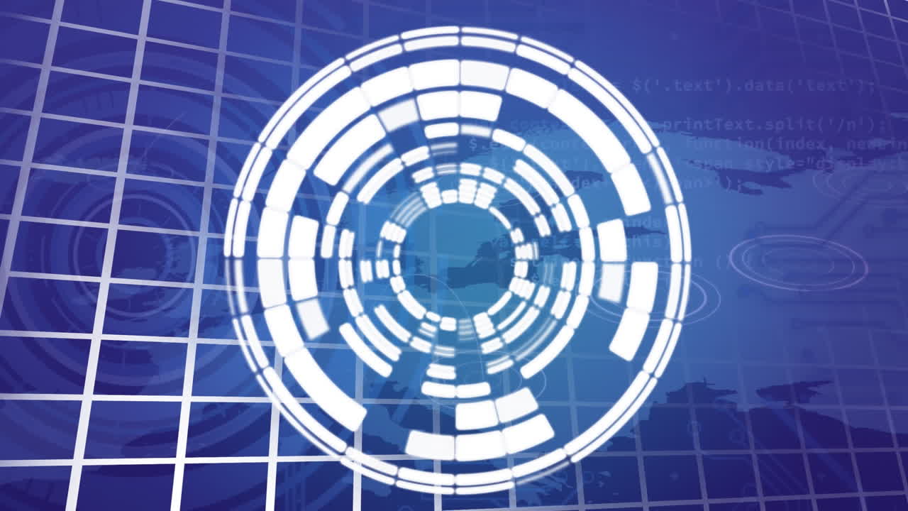 파란색 디지털 스크린 위에 회전하는 원의 애니메이션.