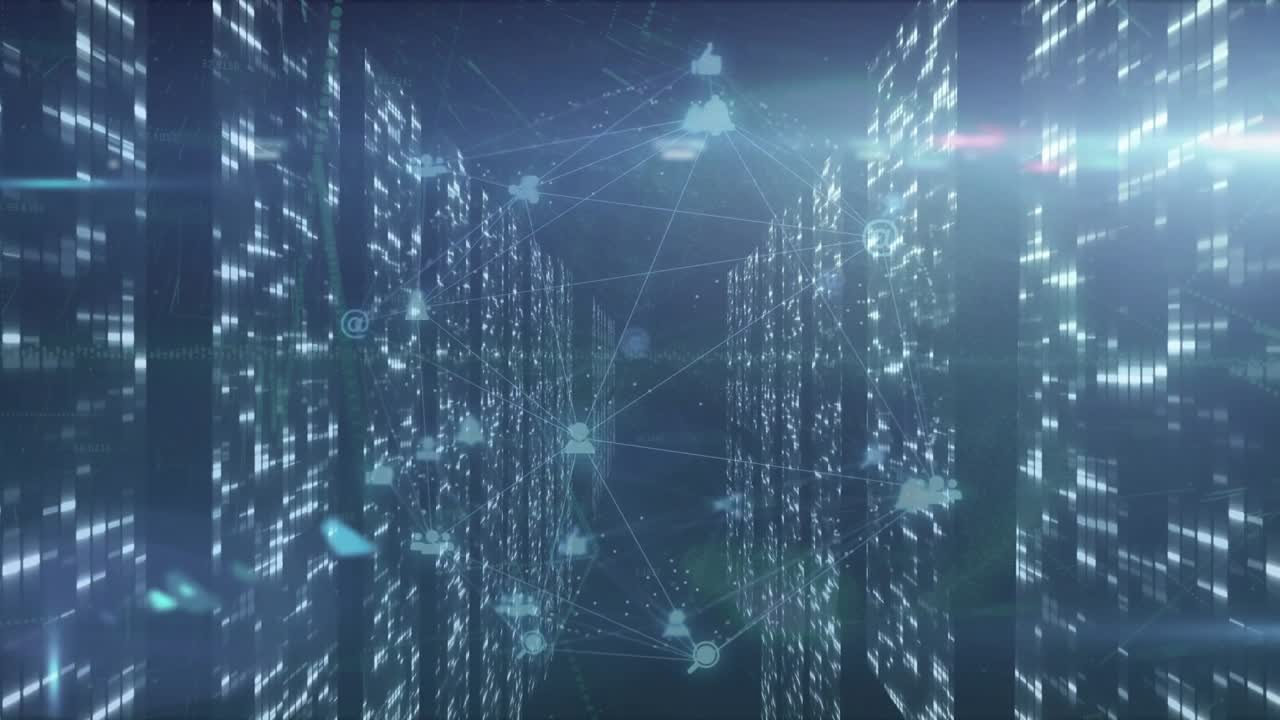 Network overlay appearing triggers camera gliding through lit server racks revealing connections