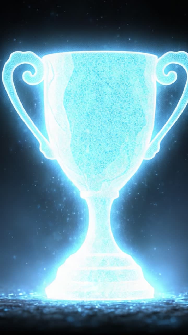 Un trofeo scintillante che brilla intensamente in un'ambientazione cosmica stellata, a simboleggiare il successo e l'eccellenza nella competizione e nell'onore.