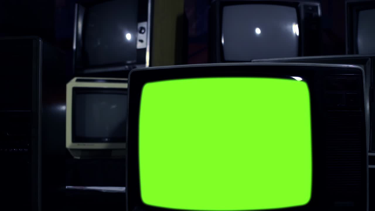 Antique TV Set with Green Screen and Color Bars. Dark Blue Tone. 4K.