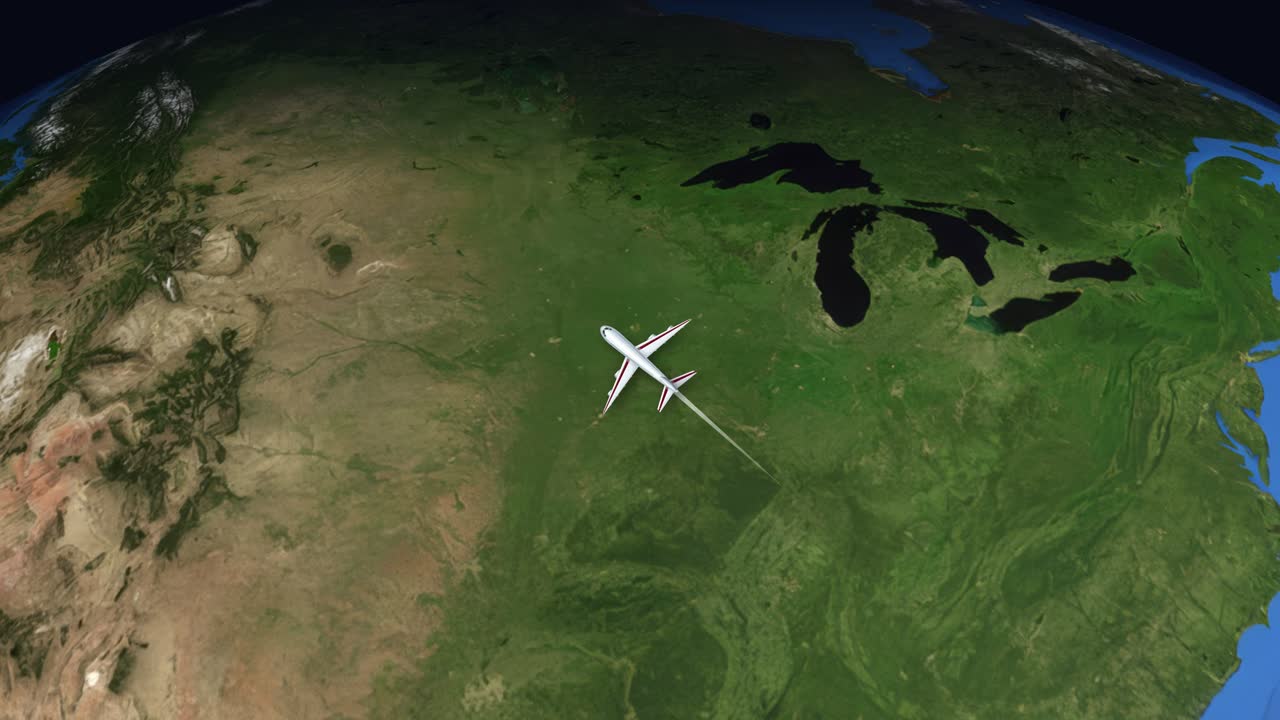 Satellitvisningsanimation følger et fly, der flyver fra Miami, Florida til Tokyo, Japan over Jorden