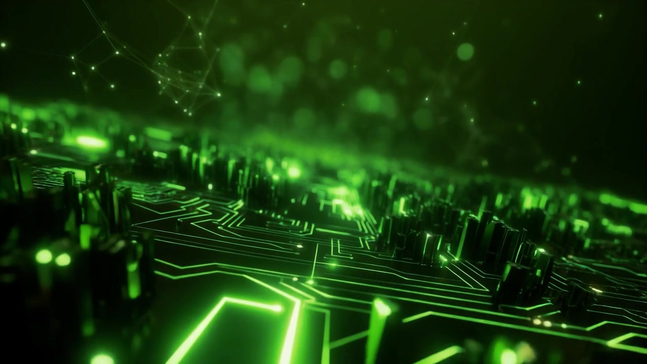 Abstract Digital Circuit Board with Glowing Green Data Connections