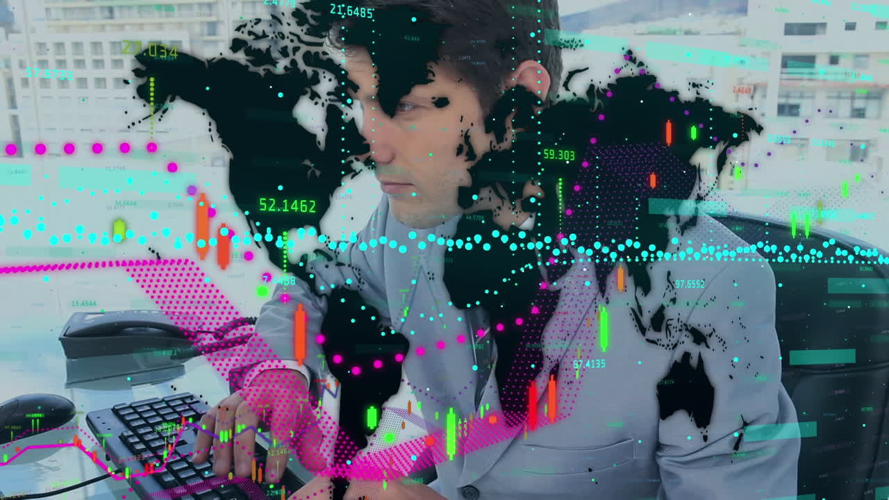 데이터 프로세싱의 애니메이션과 카우카스계 사업가의 세계 지도