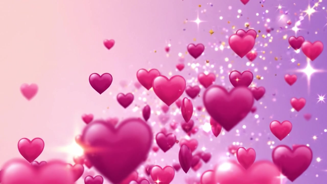 Una cascata magica di cuori rosa fluttuanti con scintillii su uno sfondo sfumato e delicato, creando un'atmosfera incantevole e romantica.
