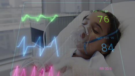 animation of heart rate monitor against biracial girl in wearing oxygen mask lying on hospital bed