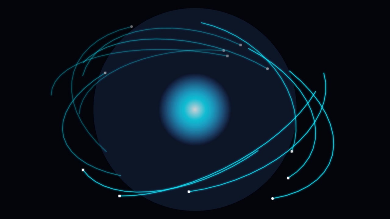 Animazione astratta di particelle luminose che orbitano attorno a una sorgente di luce centrale