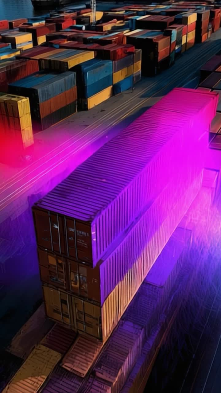 Livlige containerterminaler: En fantastisk farveforvandling i fragtcontainere under skumring med dynamiske lyseffekter