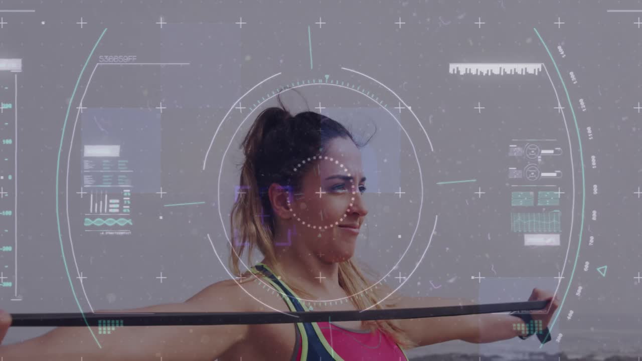 animación de la interfaz digital sobre la mujer caucásica haciendo ejercicio