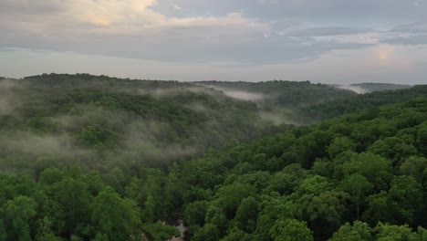 winding river in dense forest with rising fog, aerial landscape view