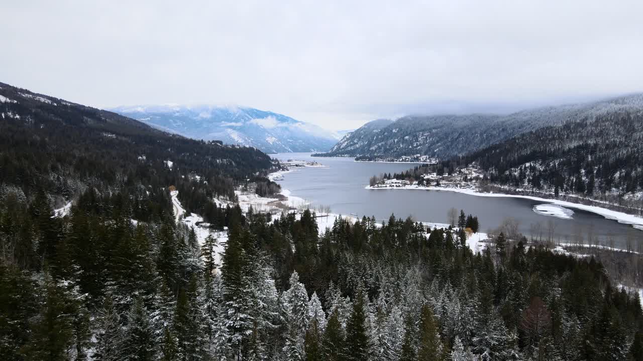 impresionante vista del bosque cubierto de nieve y el lago adams, cielo nublado en el fondo
