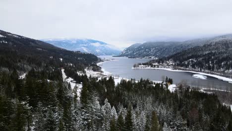 stunning view of snow covered forest and adams lake, overcast sky in the background