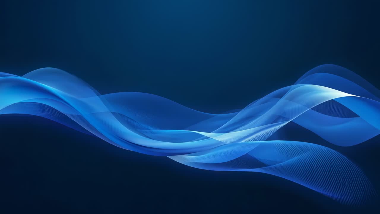 Looping layered blue ribbon waves shifting rightward against navy gradient, revealing mesh texture