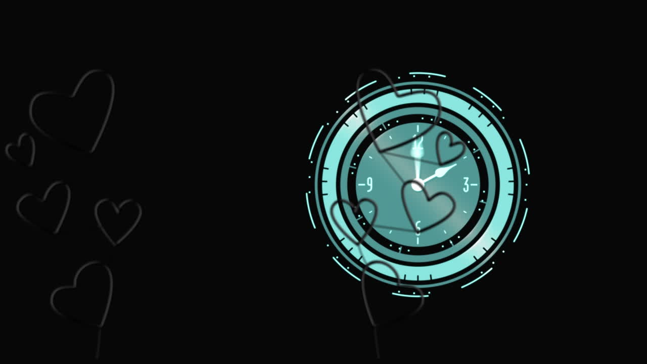 Animation of hearts over clock on black background