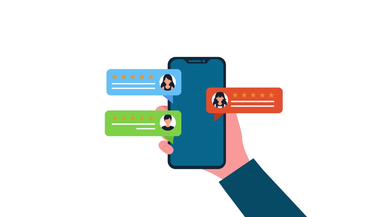 Animated Hand Holding Smartphone with Customer Reviews and Star Ratings