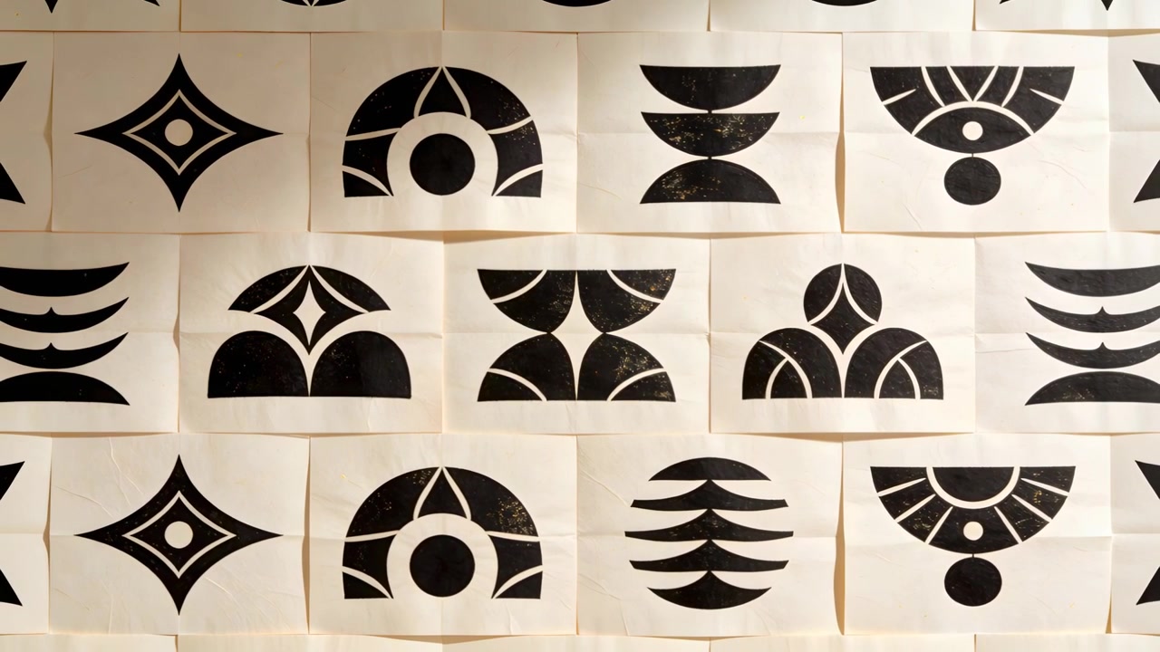 Panning camera across paper prints with black shapes on gallery wall, revealing repeating grid