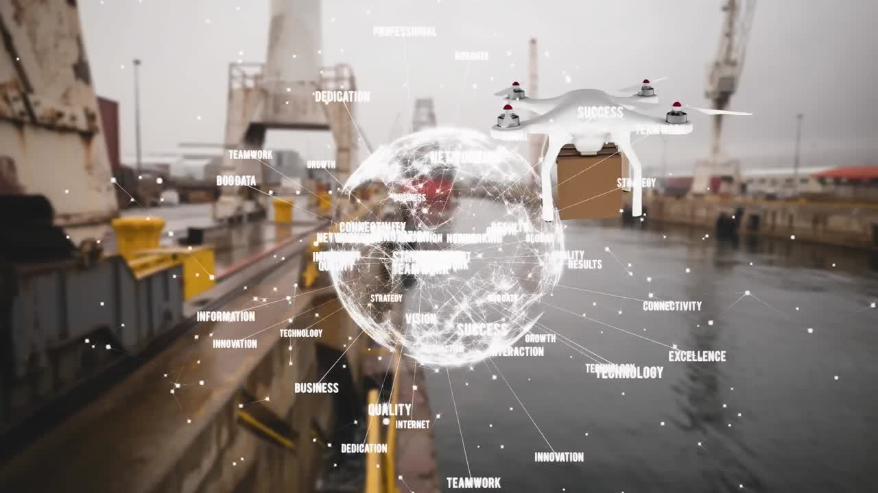 드론을 통한 연결 네트워크의 애니메이션과 조선소를 통한 패키지