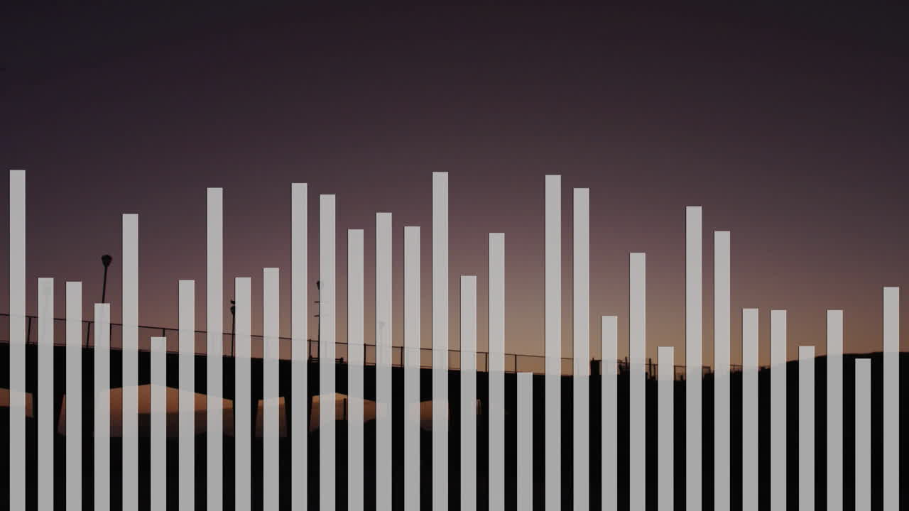 Vertical bars animating over bridge silhouette at dusk sky background