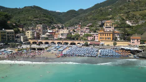 sliding drone shot above monterosso, italy. cinque terre