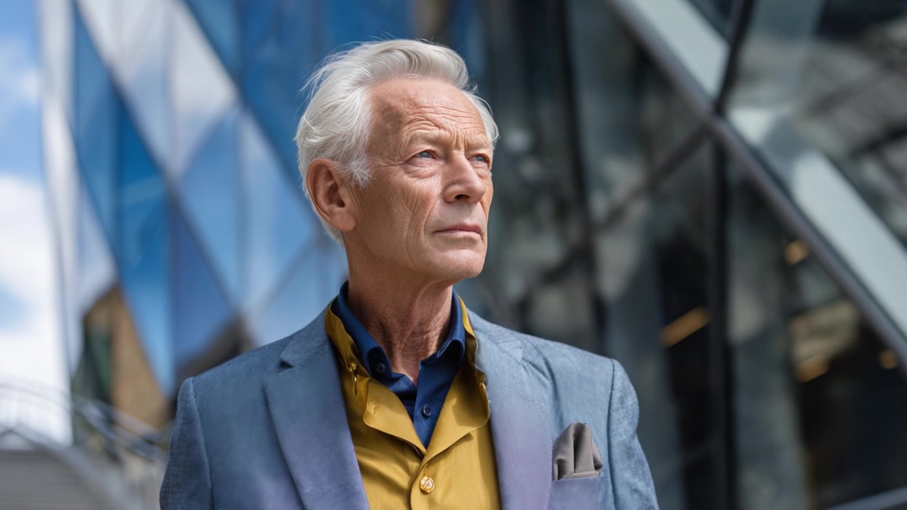 A distinguished older gentleman poses confidently outdoors, showcasing a stylish outfit against a modern architectural backdrop, reflecting wisdom and grace in his expression.