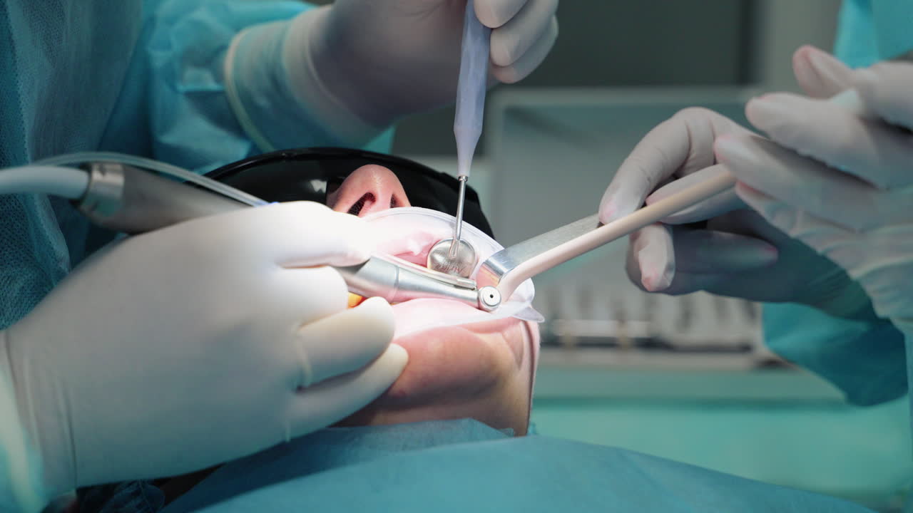 Doctor with an assistant is treating a patient's teeth. Hands in gloves with a drill and medical instruments. Patient's open mouth. Close-up. Dental clinic