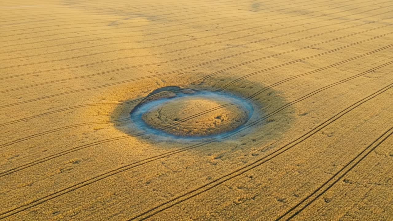 Aerial View of a Crop Circle: Mysterious Circular Design in a Field of Grain Highlighting Natural Patterns and Unique Geological Formations at Dusk
