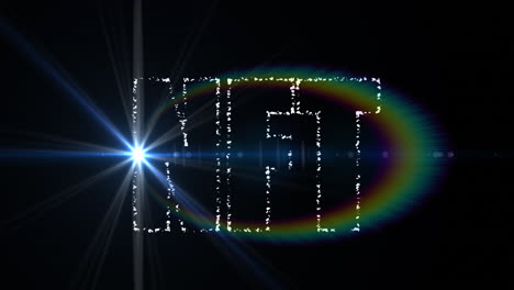 digital animation of nft text banner against spot of light and rainbow flare on black background