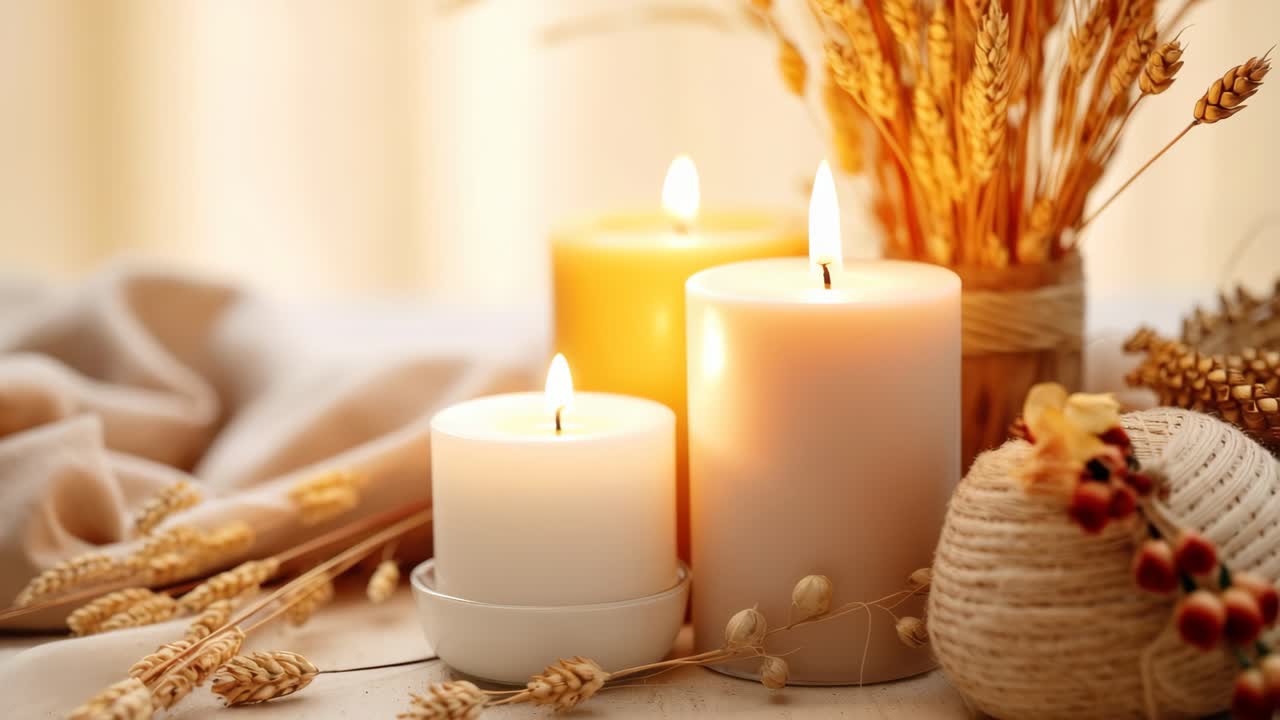 Warm, cozy setting with lit candles and dried wheat. Soft focus, close-up angle creates an inviting