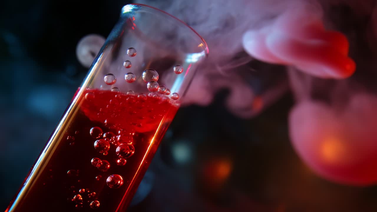 A Captivating Experiment with Bubbles and Smoke: The Dynamic Interaction between a Glass Test Tube Filled with Red Liquid and Wisps of Vapor, Creating a Mesmerizing Visual Display of Fluid Chemistry