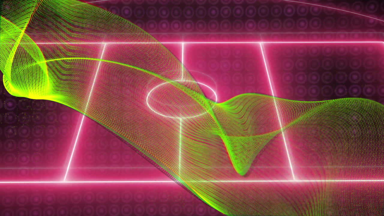 Animation of neon green wave pattern flowing over pink geometric grid background