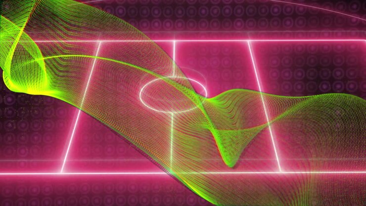 Animation af neongrønt bølgemønster, der flyder over en pink geometrisk gitterbaggrund