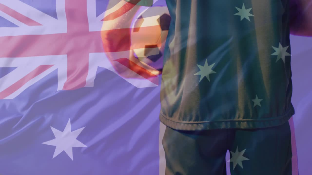 animación de un jugador de fútbol caucásico sobre la bandera de australia.