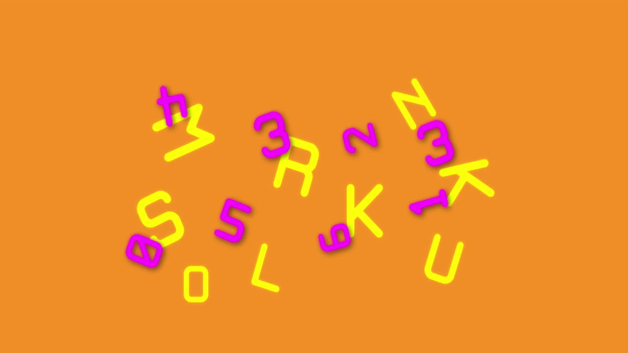 animación digital de múltiples números y alfabetos que se mueven contra un fondo amarillo