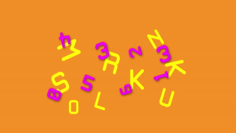 animation numérique de multiples chiffres et alphabets se déplaçant sur un fond jaune