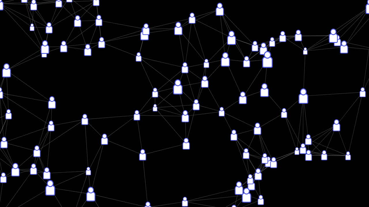 Animation of network of connections with icons on black background