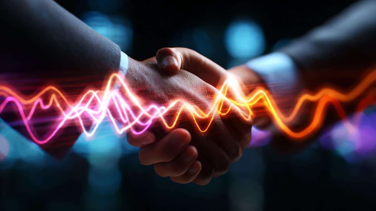 A Powerful Moment of Connection: Two Individuals Engage in a Handshake Symbolizing Trust, Cooperation, and Partnership Against a Dynamic, Colorful Background of Light Waves