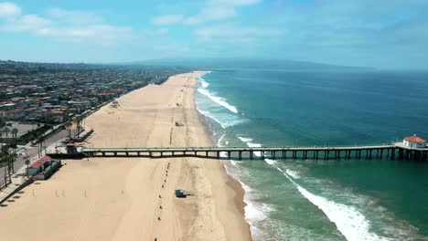 Stretch-of-Manhattan-Beach-With-Pier-On-A-Sunny-Summer-Day