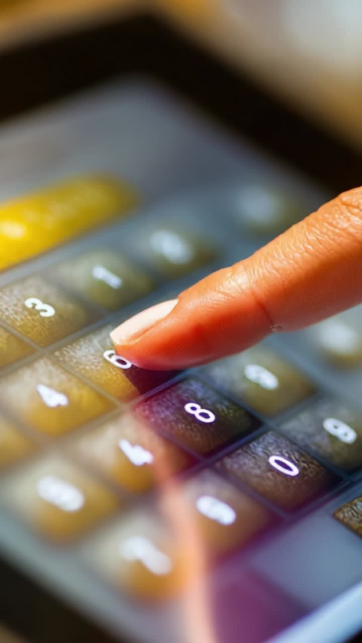 Close-Up of Finger Tapping a Touchscreen Keypad Display with Blurred Background and Focused Light on Numbers for Digital Interaction and Input on Device