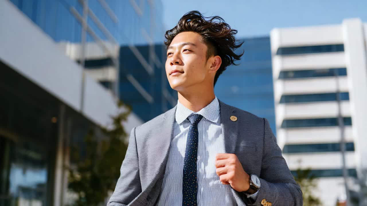 Confident Businessman in Professional Attire Strolling Outdoors with a Purposeful Expression Against a Modern Urban Backdrop, Reflecting Ambition and Success in the Corporate World
