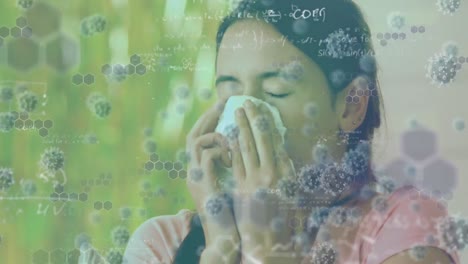 animation of macro covid-19 cells and mathematics equations floating over asian woman sneezing