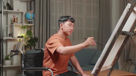 Asian Artist Boy In Wheelchair Holding Paintbrush Mixed Colour And Thinking Before Painting On The Canvas