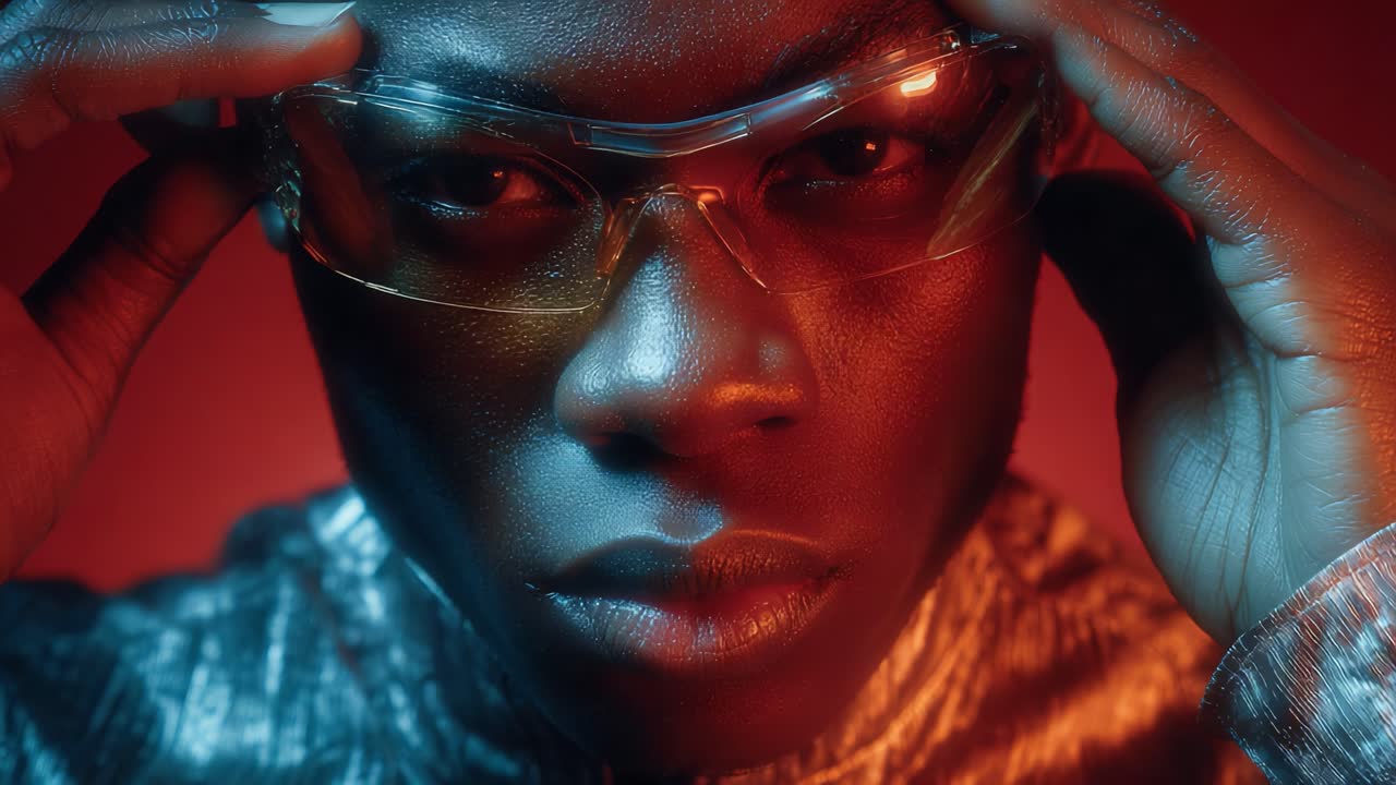 Dynamic Portrait of a Stylish Individual Wearing Glasses Against a Vivid Background, Capturing the Essence of Modern Fashion and Confidence in a Creative Setting