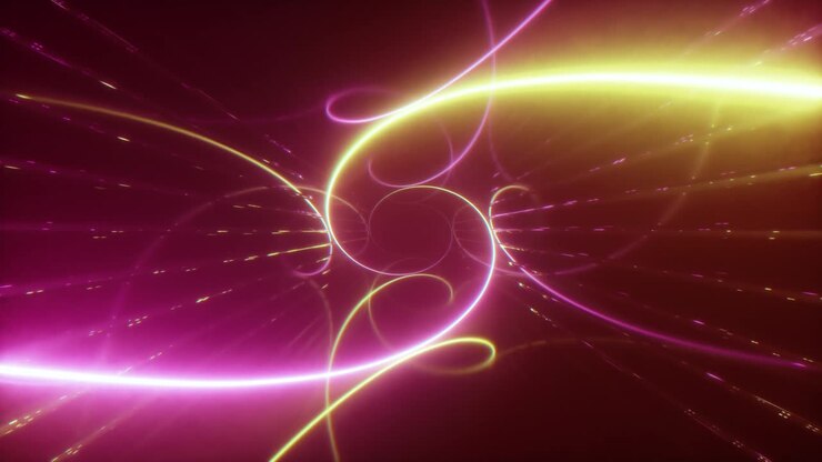 Abstract colorful flight in a futuristic corridor with a glowing laser spiral, seamless loop 4k background, fluorescent light, geometric infinite tunnel, yellow pink color, 3d render