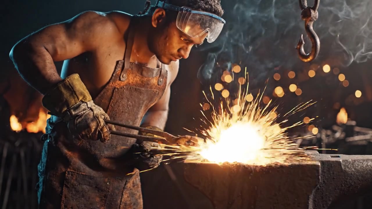 Un abile fabbro che modella metallo incandescente in una fucina con scintille che volano e fumo che sale, dimostrando l'arte della forgiatura e dell'artigianato in un ambiente di lavoro scarsamente illuminato