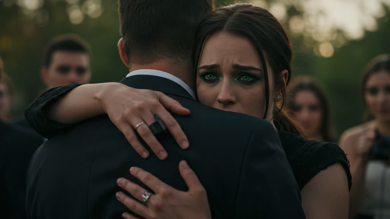 A poignant moment of embrace captures the deep emotional connection between two individuals, highlighting feelings of sorrow, comfort, and shared experience in a somber gathering