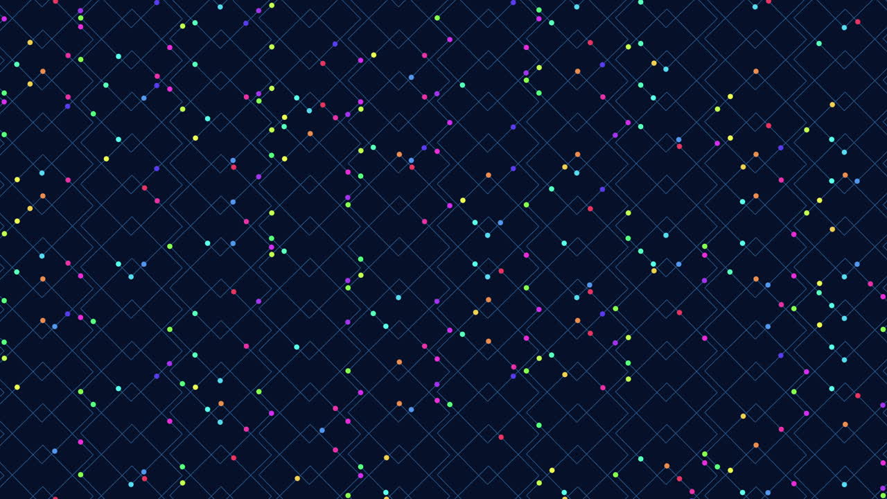 Vibrant and symmetrical grid of colorful dots on dark background